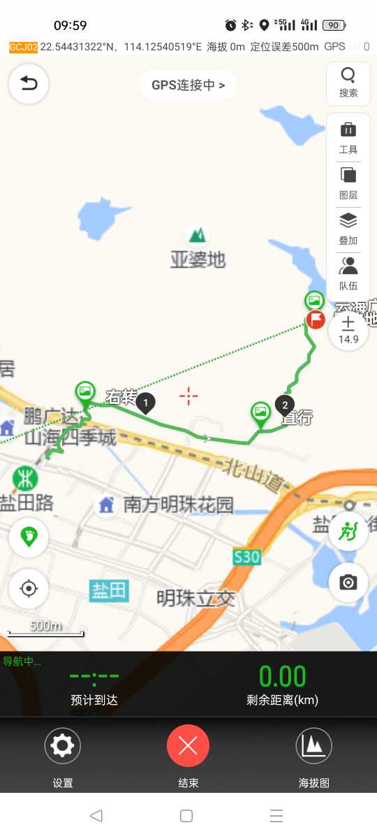 地铁盐田路D出口出来，过马路直行，到北山道过人行天桥，右手边下来走10米左拐，绕过蓝色建筑物再直行
