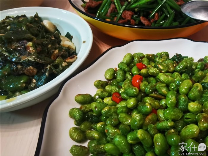 炒毛豆，牛肉，擂辣椒