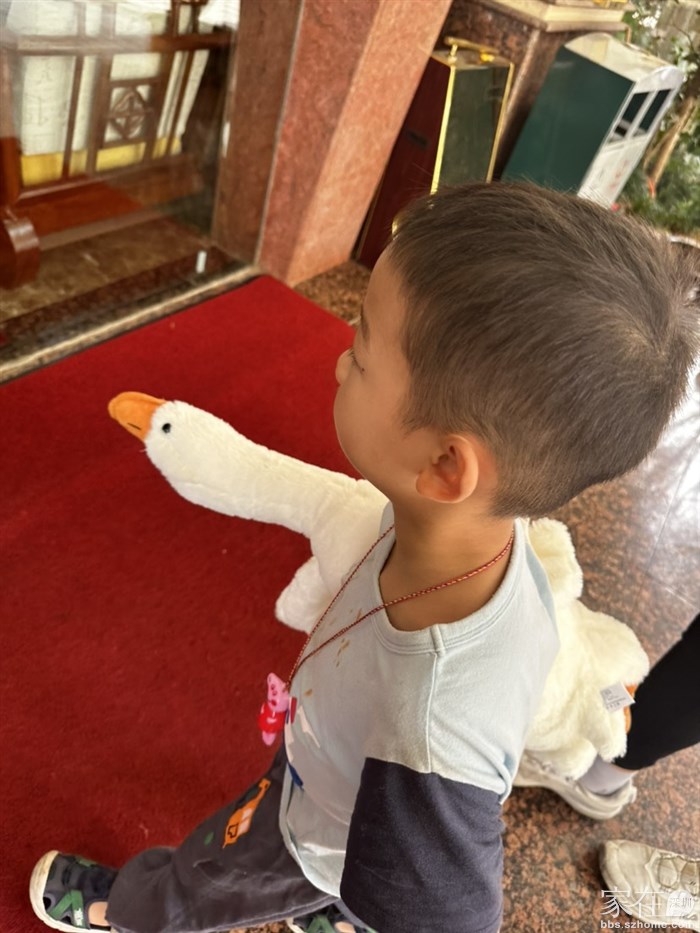 大儿子对这家店非常满意，很认真的在美团上写好评，店员见了，送了一只毛绒大鹅🤩