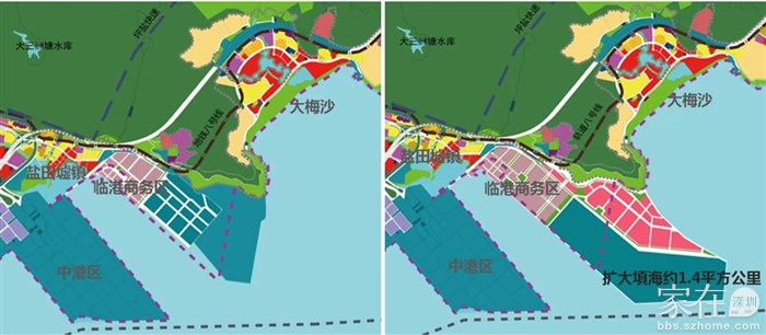 东港区扩大填海前后功能对比示意图