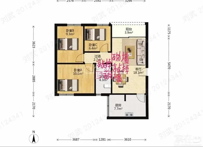 平面尺寸图，标注文字忽略
